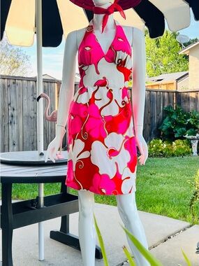 Vintage 70’s Hawaiian Halter Dress Tiki Floral